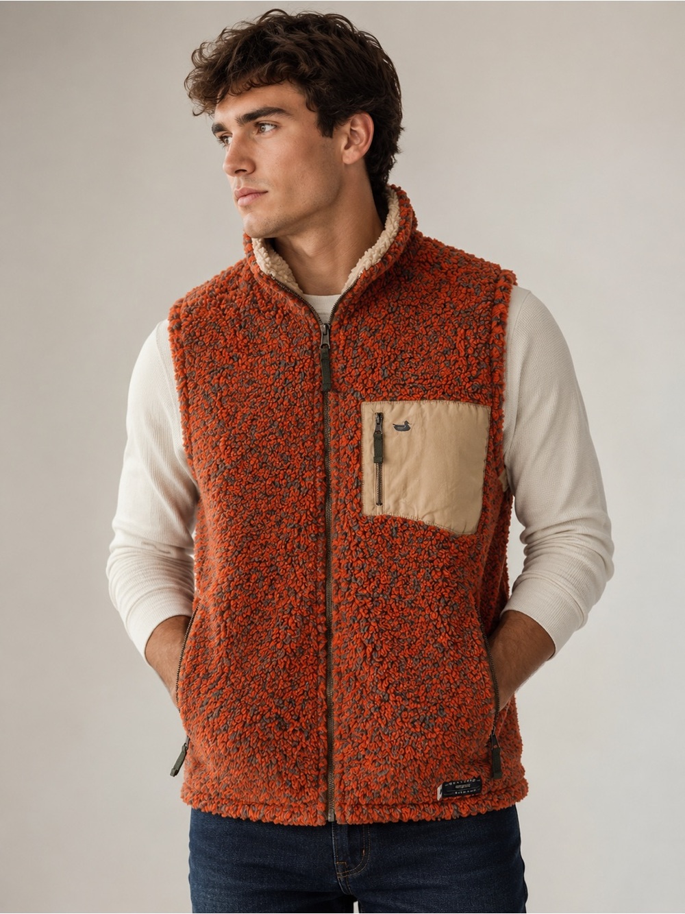 Southern Marsh Men's Sherpa Vest in Rust with Tan Chest Pocket